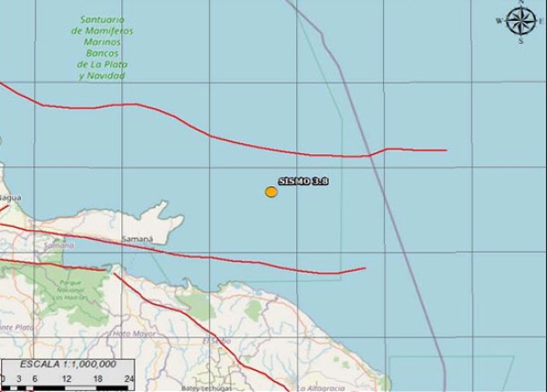 Sismo de 3.8 con epicentro al SE de Samaná, Océano Atlántico